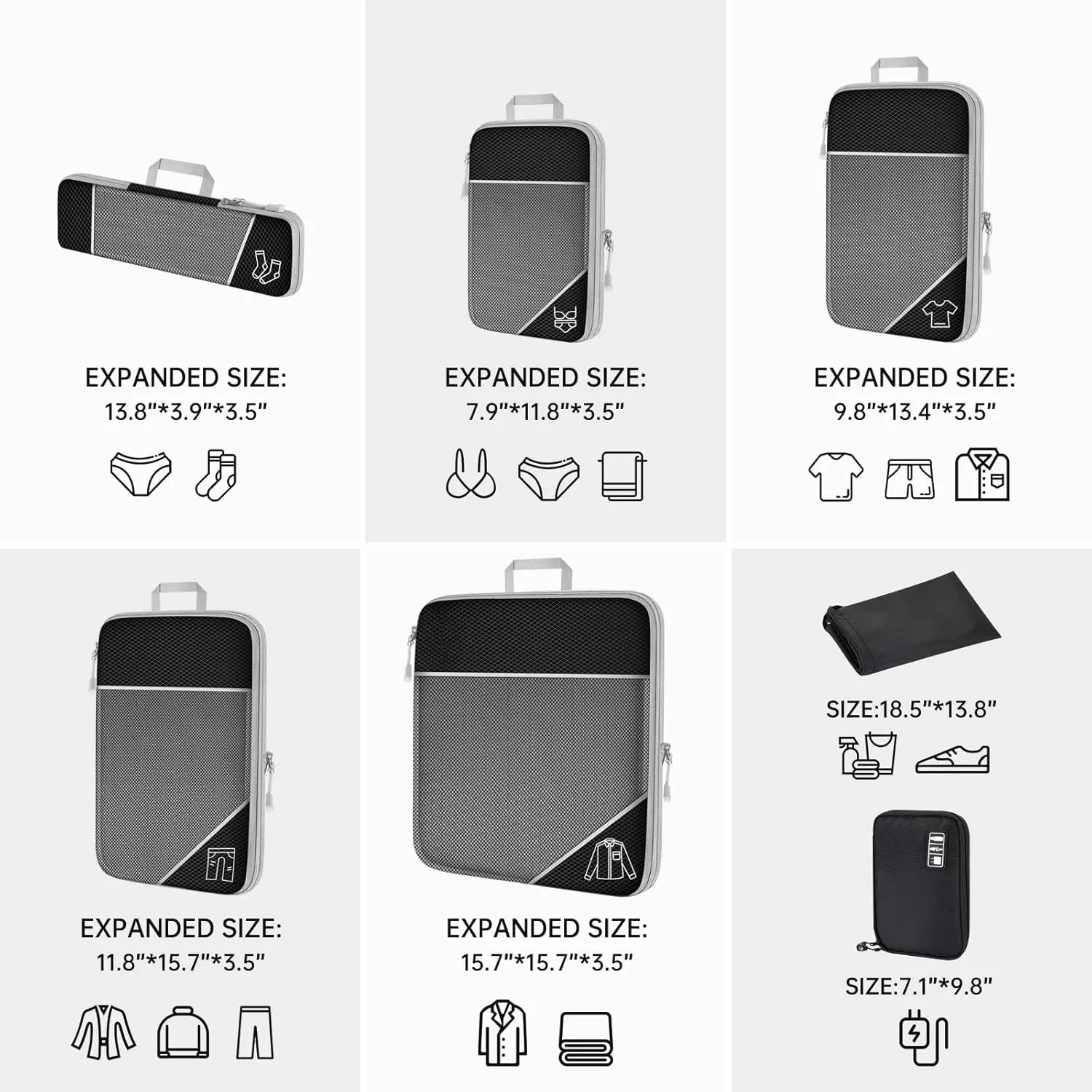 NiHome 7PCS Compression Packing Cube Set Expandable Mesh Travel Bag Luggage Organizers with Electronic Cable Cord Charger Organizer Drawstring Bag for Trip Home Storage Travel Gear Accessories (Black)