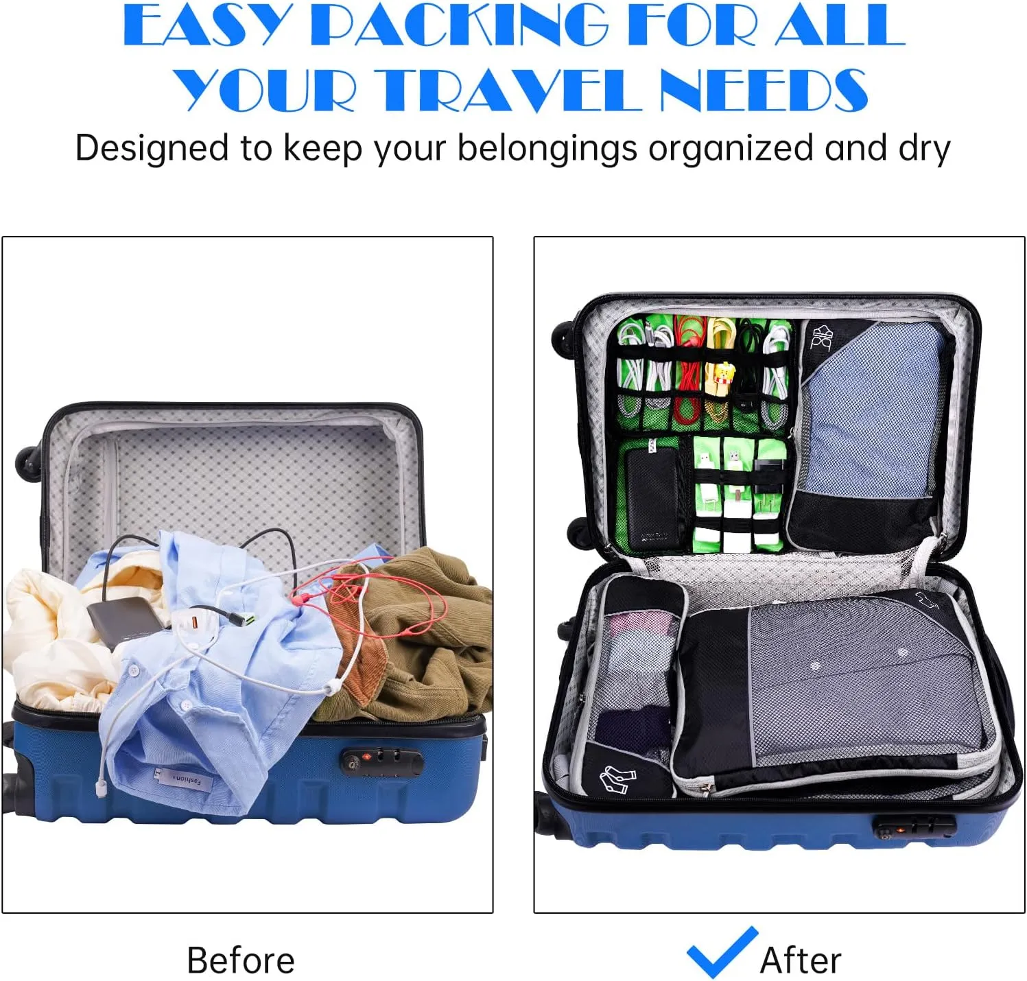 NiHome 7PCS Compression Packing Cube Set Expandable Mesh Travel Bag Luggage Organizers with Electronic Cable Cord Charger Organizer Drawstring Bag for Trip Home Storage Travel Gear Accessories (Black)