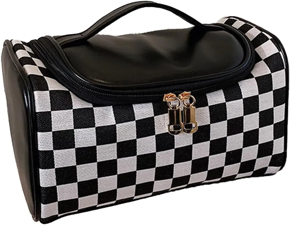 NovEny Stylish Checkered Commuter Cosmetic Bag - XL Capacity, Chessboard Design Makeup Bag with Maillard Accents, Fashionable and Functional (Black)