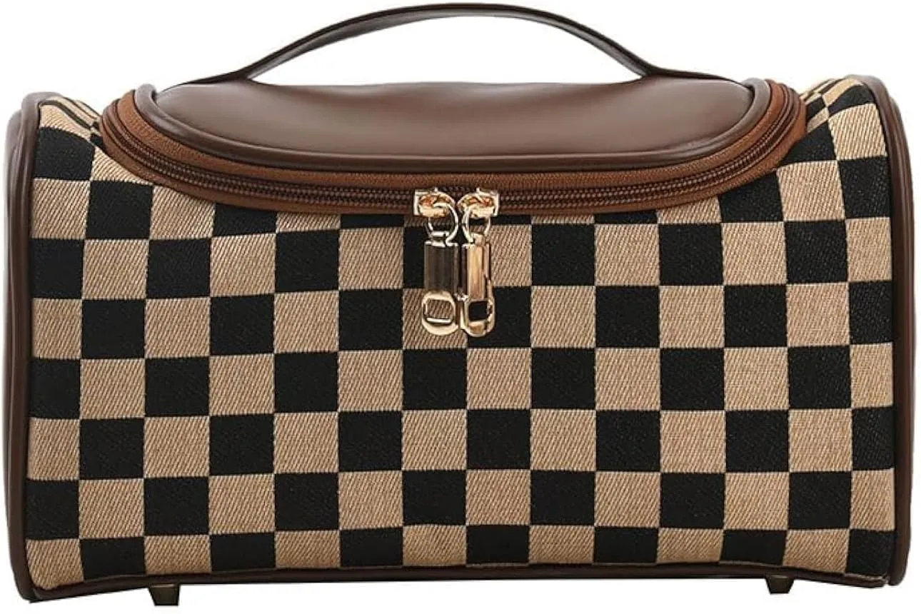 NovEny Stylish Checkered Commuter Cosmetic Bag - XL Capacity, Chessboard Design Makeup Bag with Maillard Accents, Fashionable and Functional (Brown)
