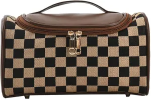 NovEny Stylish Checkered Commuter Cosmetic Bag - XL Capacity, Chessboard Design Makeup Bag with Maillard Accents, Fashionable and Functional (Brown)