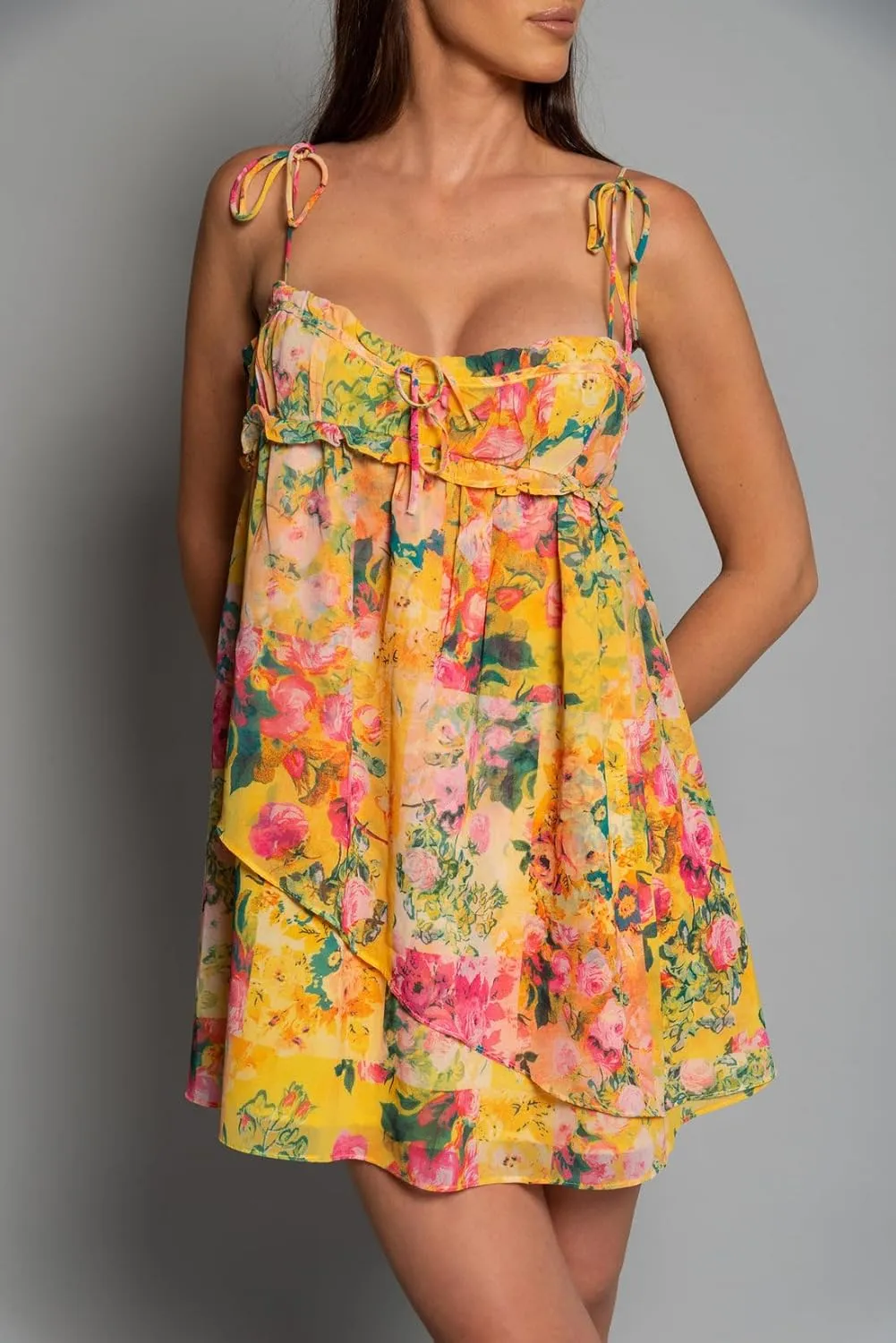 NUFIWI Women Boho Floral Babydoll Dress Spaghetti Strap Beachy Dress Sexy Sleeveless Ruffle Tie Shoulder Mini Dresses