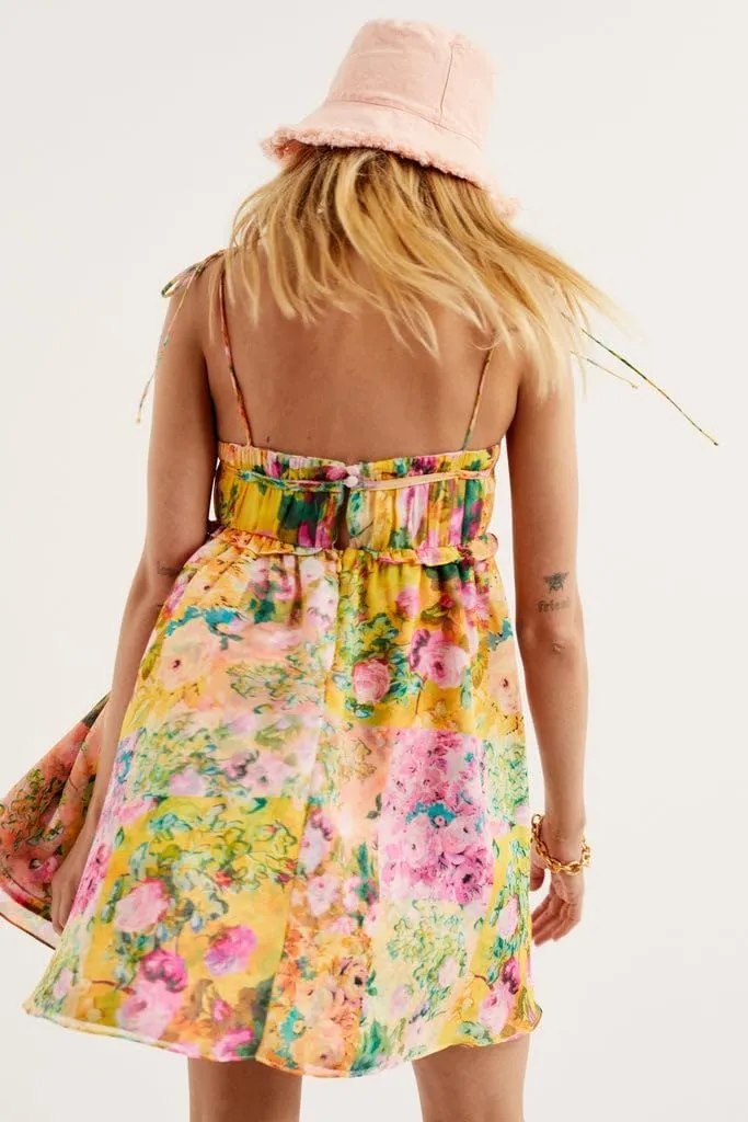 NUFIWI Women Boho Floral Babydoll Dress Spaghetti Strap Beachy Dress Sexy Sleeveless Ruffle Tie Shoulder Mini Dresses