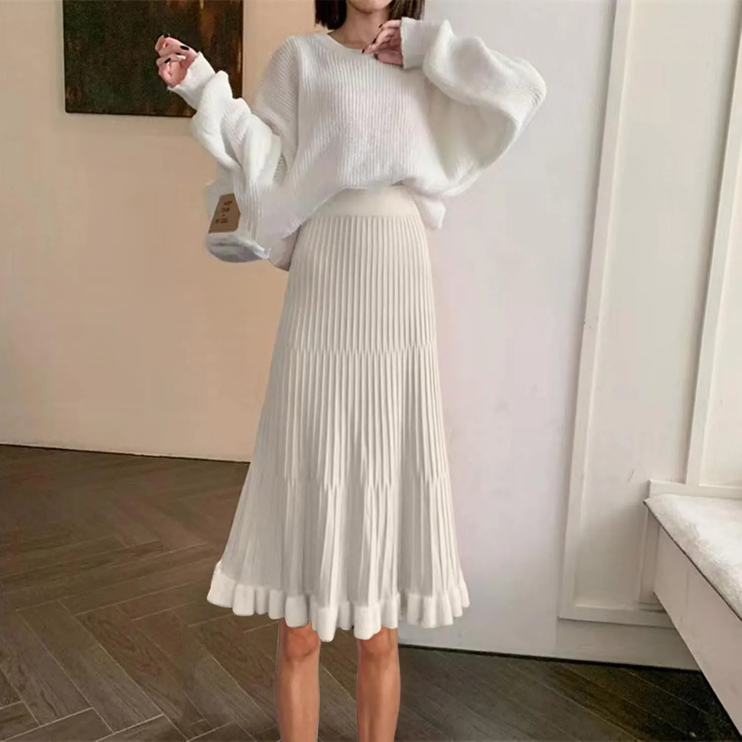 Oplxuo Women's Elegant Knit Pleated Skirts, Elastic High Waist Ruffle Hem A Line Midi Skirt for Fall Winter