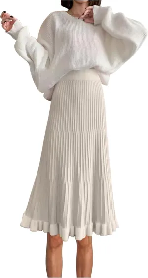 Oplxuo Women's Elegant Knit Pleated Skirts, Elastic High Waist Ruffle Hem A Line Midi Skirt for Fall Winter