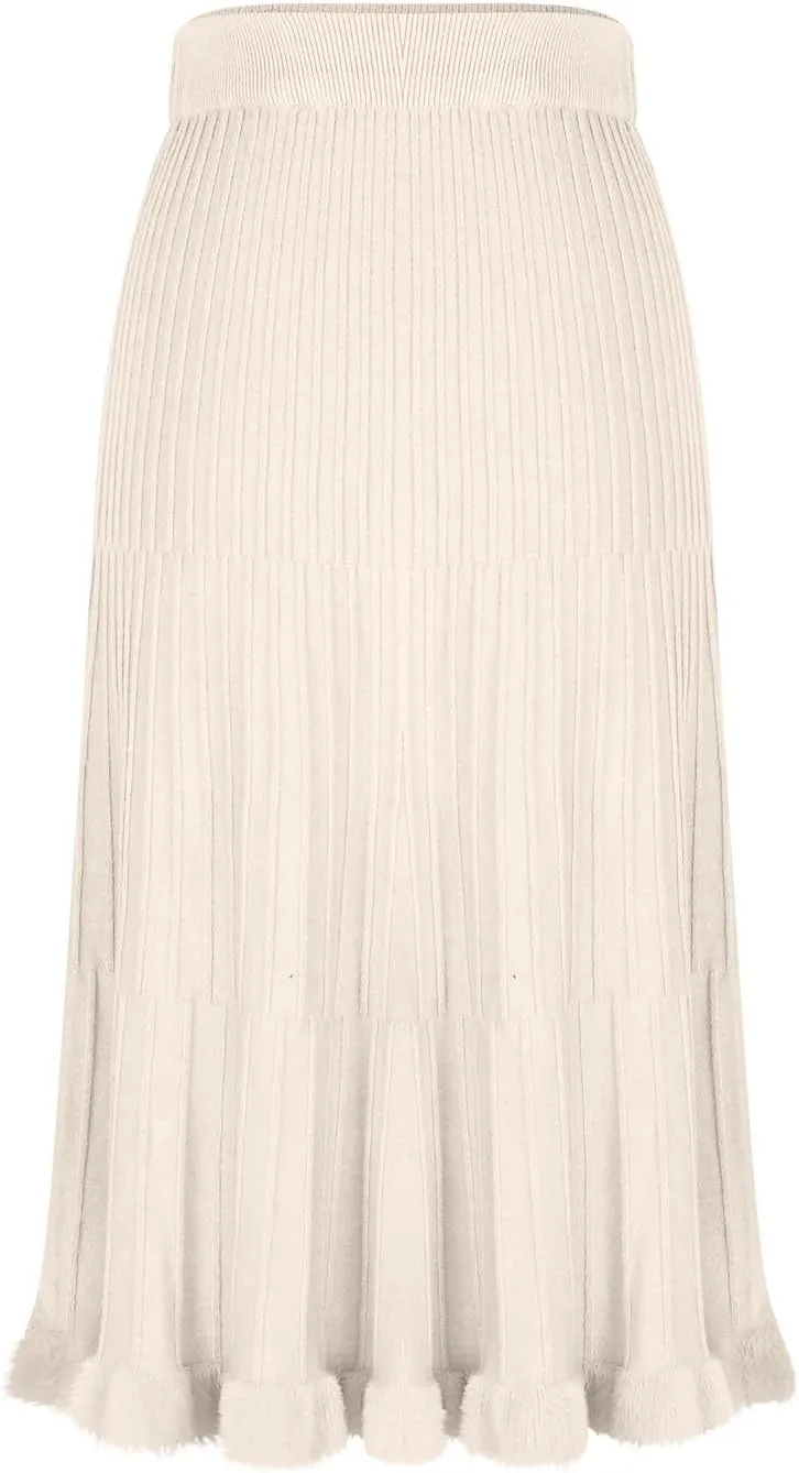 Oplxuo Women's Elegant Knit Pleated Skirts, Elastic High Waist Ruffle Hem A Line Midi Skirt for Fall Winter