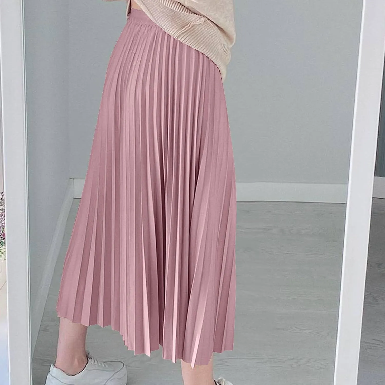 Oplxuo Women's High Waist Pleated Skirt Elegant Solid Color A line Swing Midi Skirt for Evening Party Clubwear