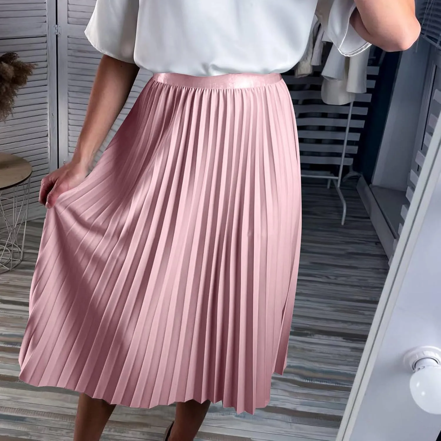 Oplxuo Women's High Waist Pleated Skirt Elegant Solid Color A line Swing Midi Skirt for Evening Party Clubwear