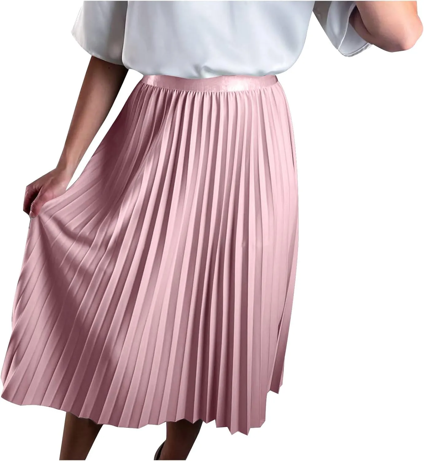 Oplxuo Women's High Waist Pleated Skirt Elegant Solid Color A line Swing Midi Skirt for Evening Party Clubwear