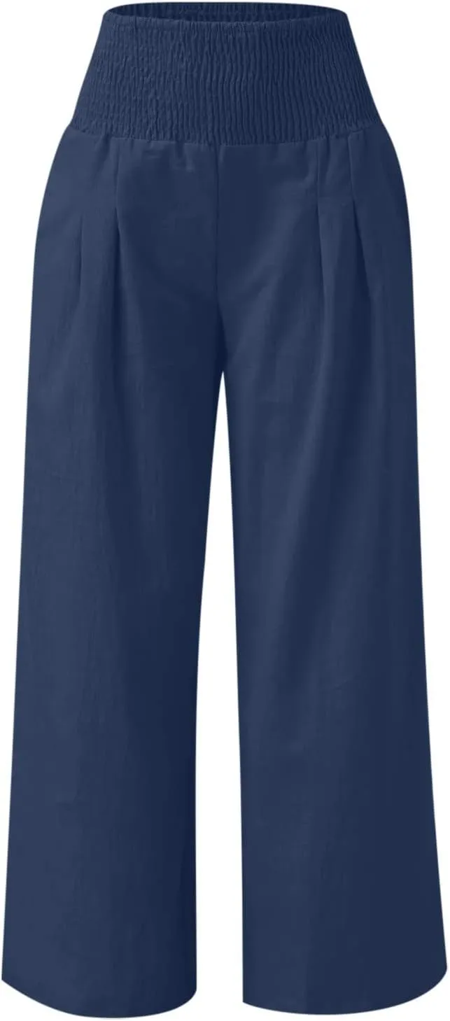Palazzo Pants for Women Summer High Waist Wide Leg Beach Pant Trendy Casual Loose Lounge Flowy Trousers with Pockets