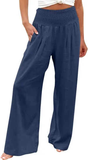 Palazzo Pants for Women Summer High Waist Wide Leg Beach Pant Trendy Casual Loose Lounge Flowy Trousers with Pockets