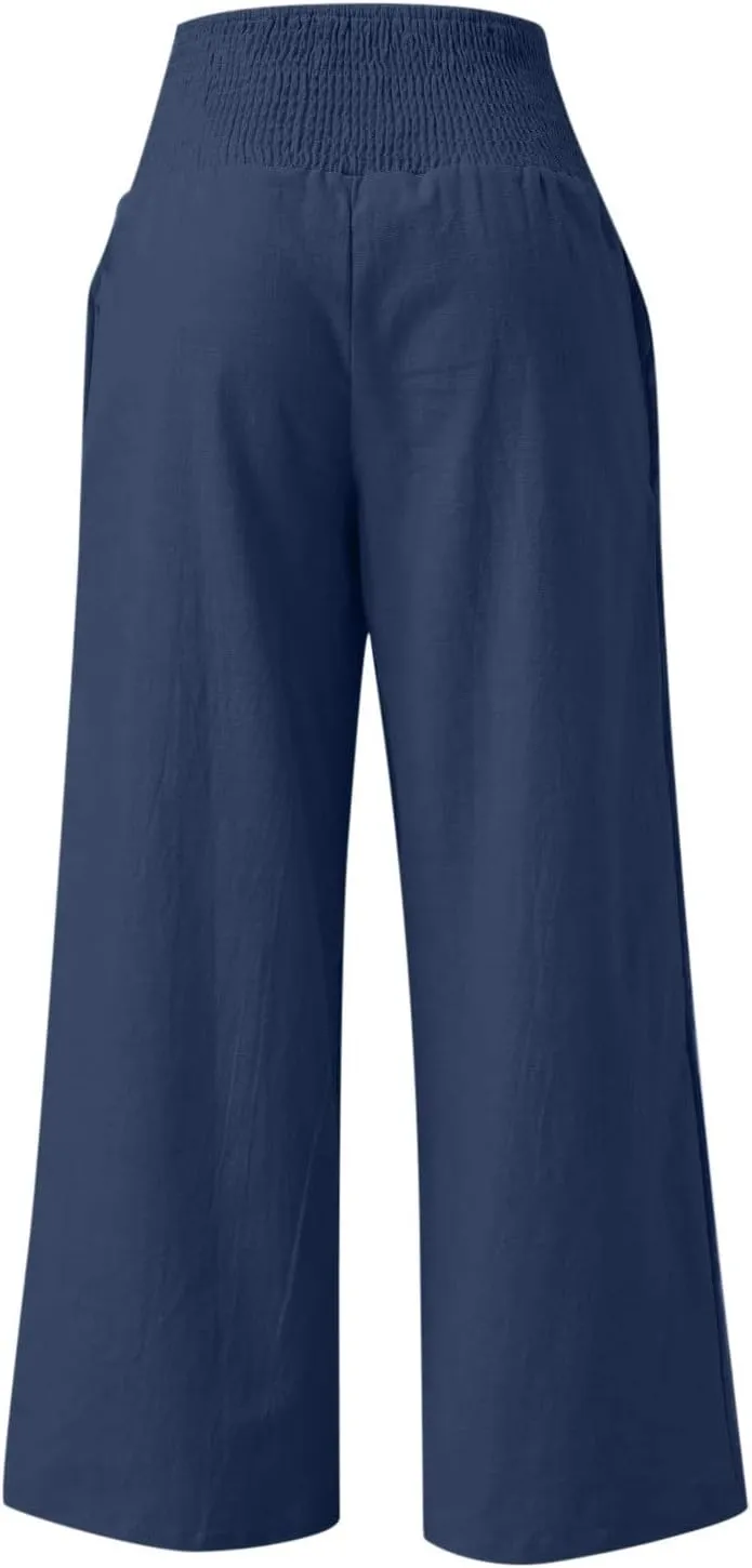 Palazzo Pants for Women Summer High Waist Wide Leg Beach Pant Trendy Casual Loose Lounge Flowy Trousers with Pockets