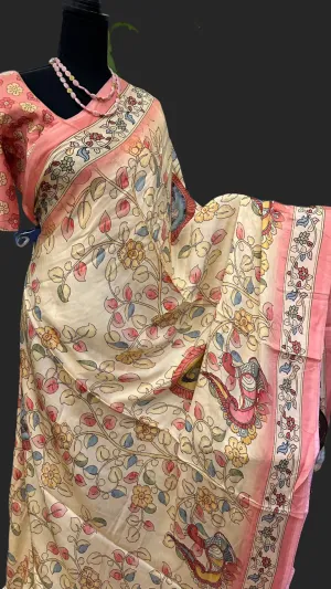 Pastel Kalamkari gajji Satin crepe silk saree with stitched  blouse