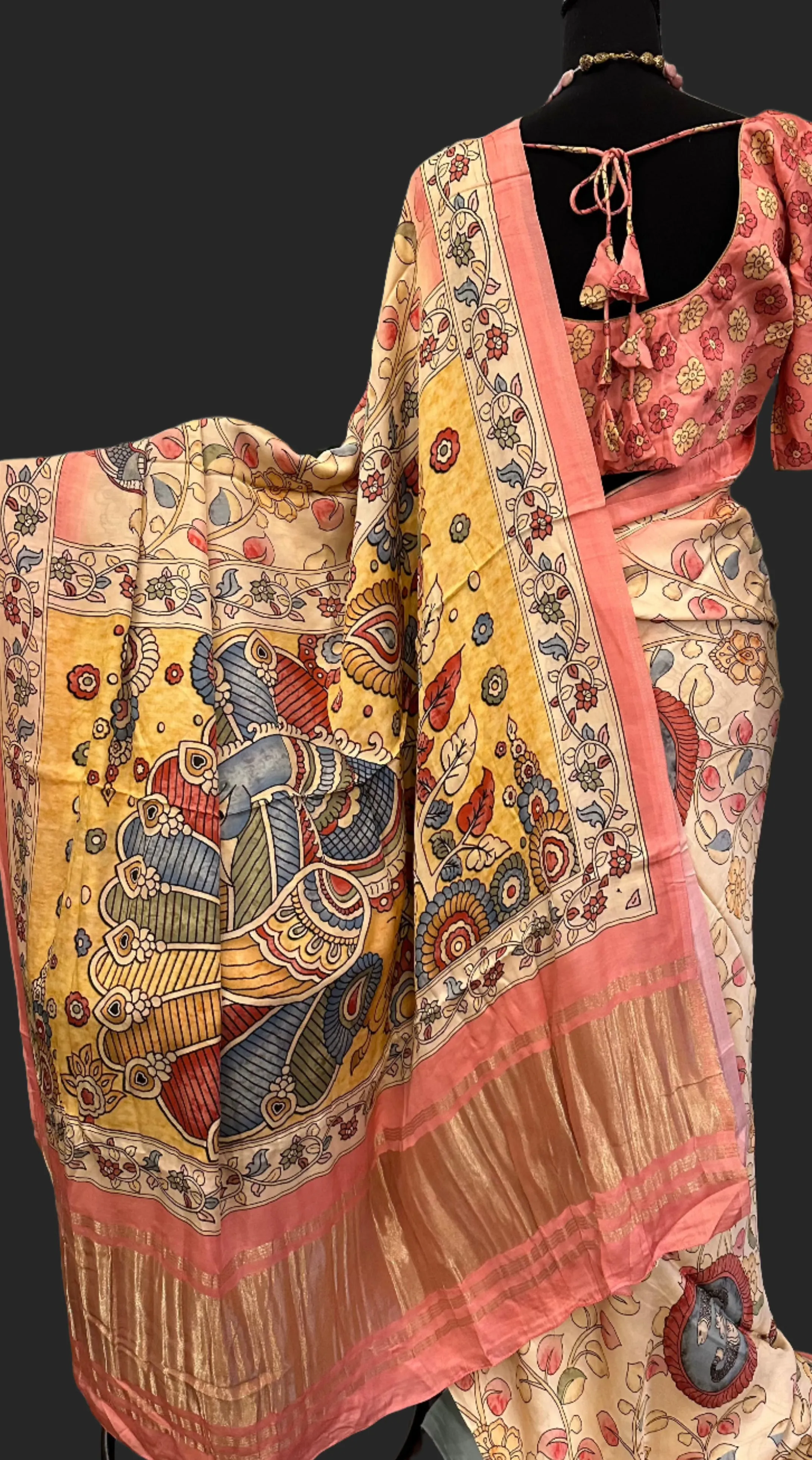 Pastel Kalamkari gajji Satin crepe silk saree with stitched  blouse