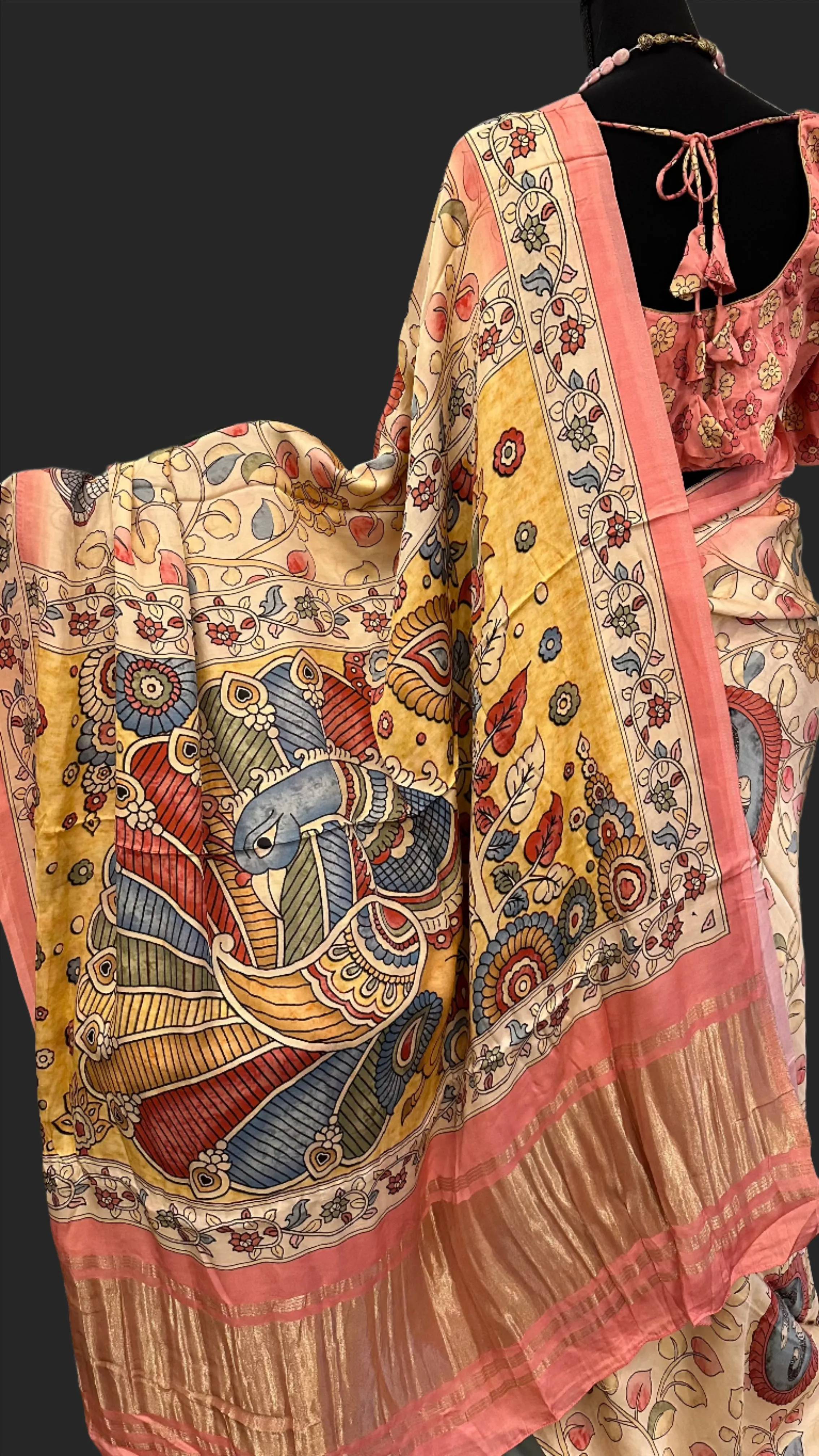 Pastel Kalamkari gajji Satin crepe silk saree with stitched  blouse