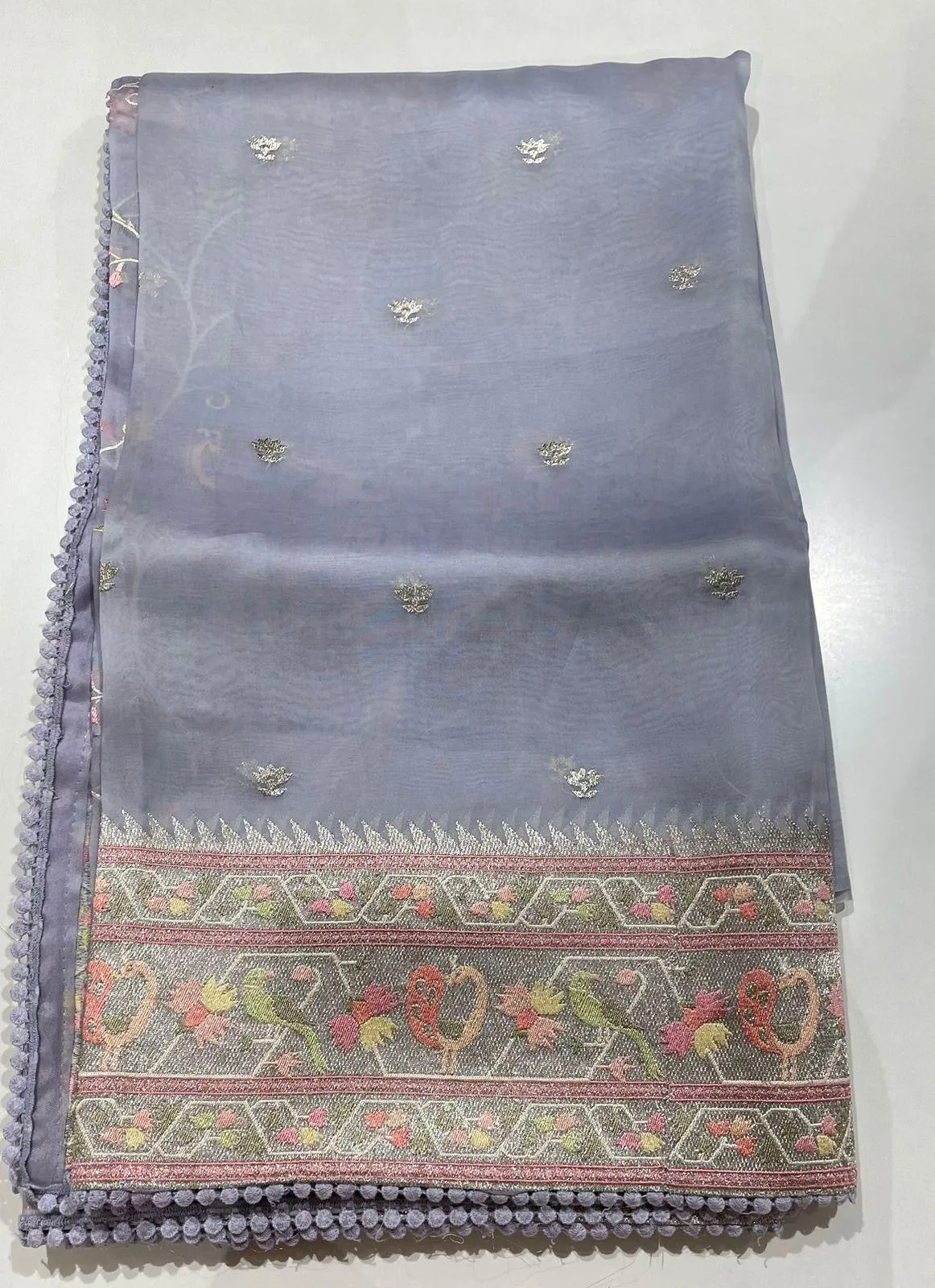 Pastel lavender silver tissue Organza soft weave paithani silver borders with stitched blouse