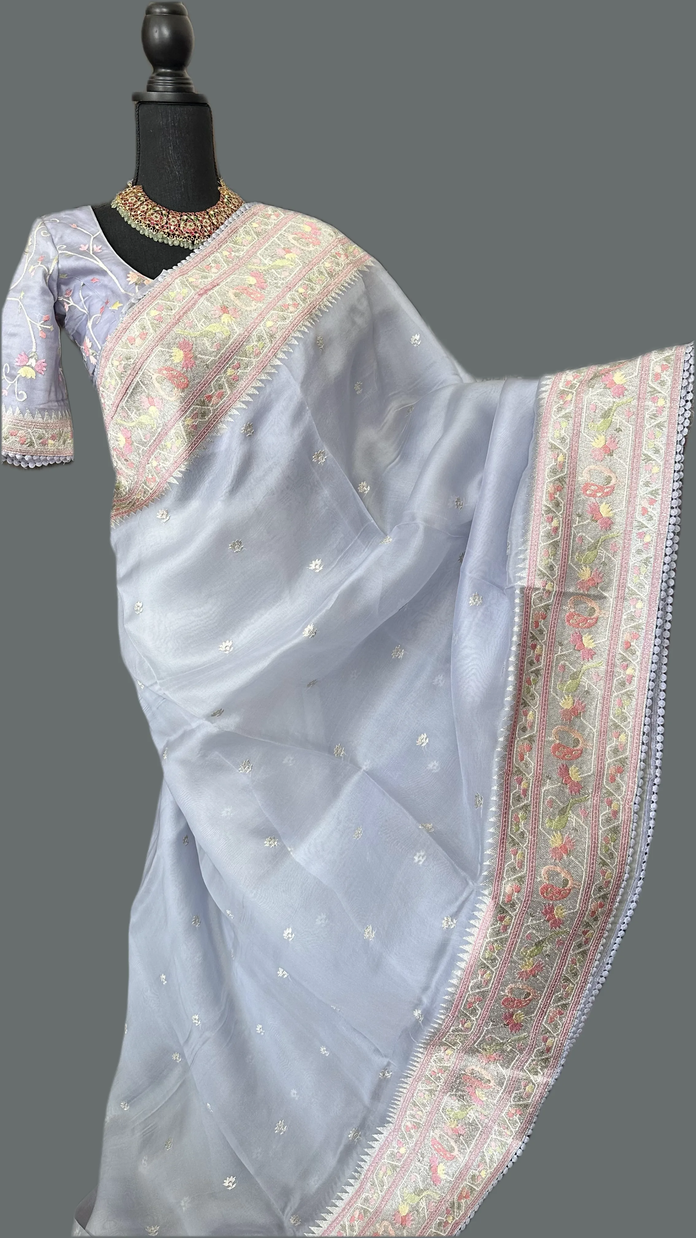 Pastel lavender silver tissue Organza soft weave paithani silver borders with stitched blouse