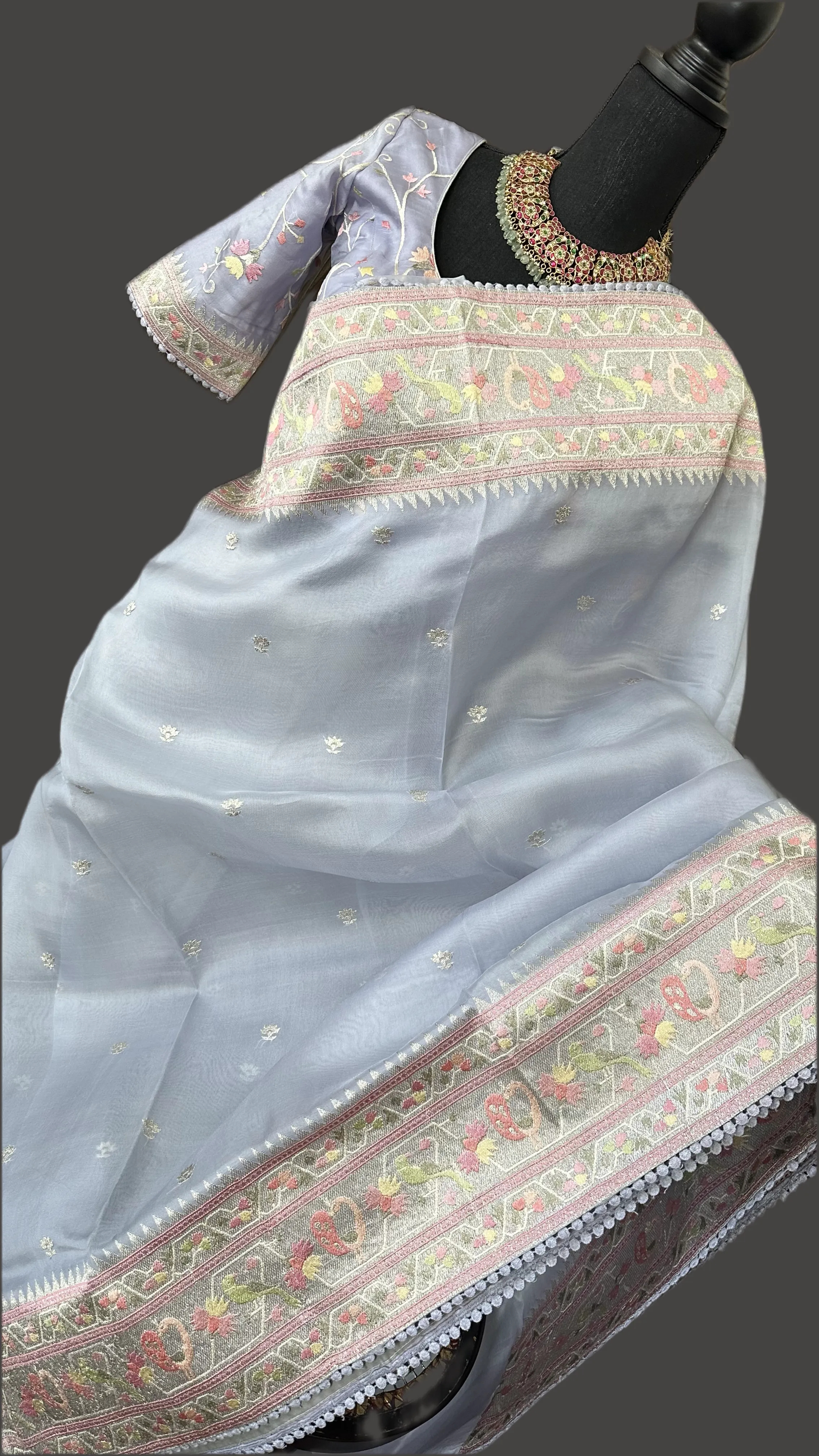 Pastel lavender silver tissue Organza soft weave paithani silver borders with stitched blouse
