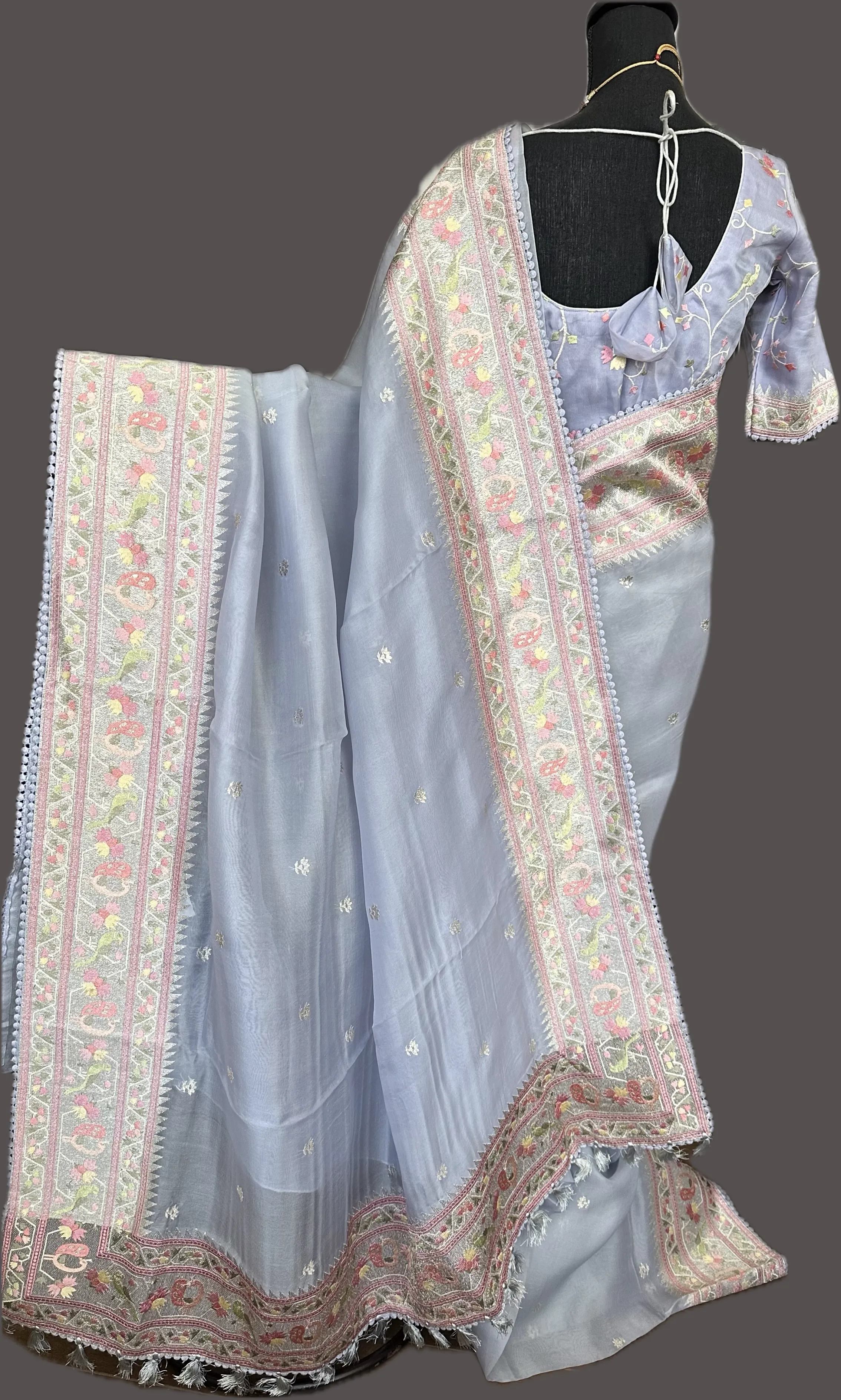 Pastel lavender silver tissue Organza soft weave paithani silver borders with stitched blouse