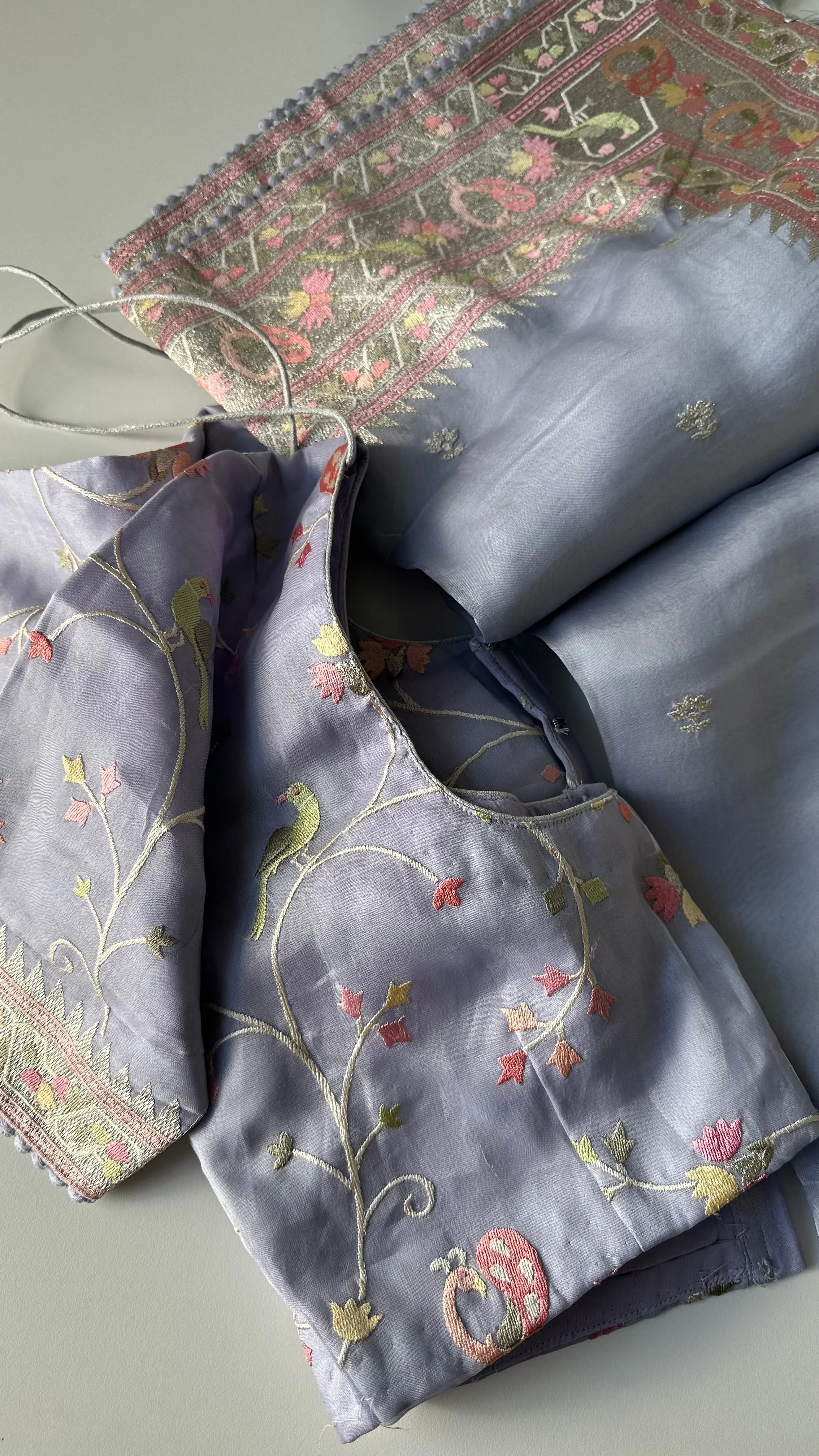 Pastel lavender silver tissue Organza soft weave paithani silver borders with stitched blouse
