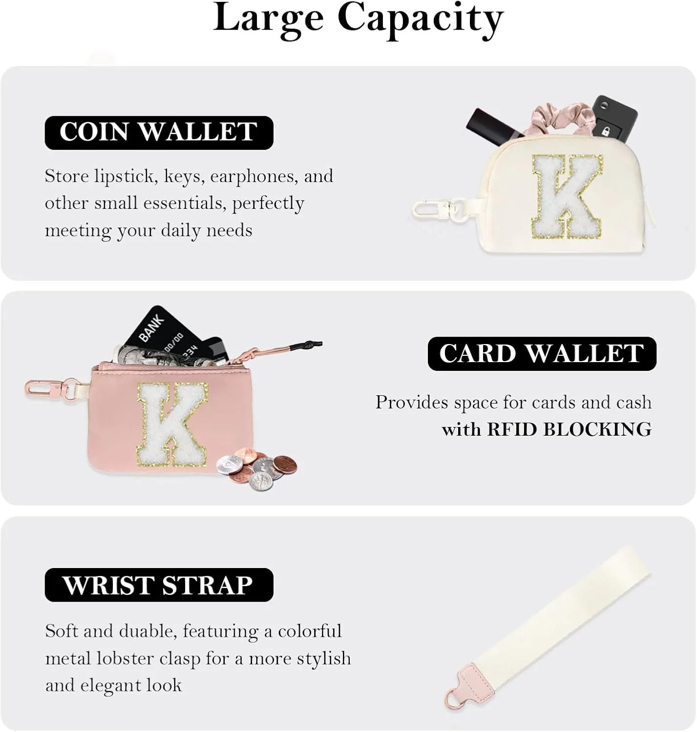 Personalized A-Z Letter Wristlet Dual Pouch, Women Keychain Wallet Wristlet Practical Gifts for Women