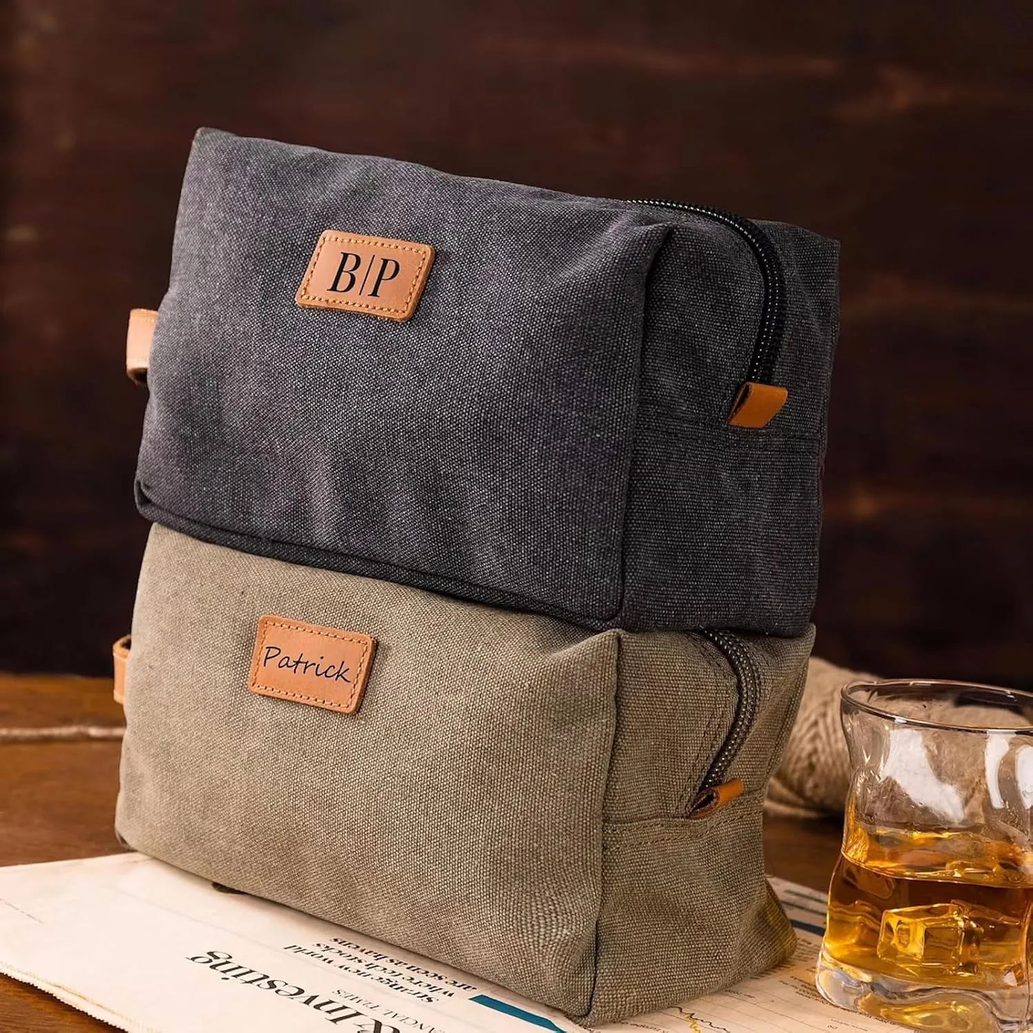 Personalized Mens Toiletry Bag, Snirov Gifts for Men Laser Engraved Name Canvas Handcrafted Travel Toiletry Bag for Husband Dad Boy Friend Fathers Day Gifts