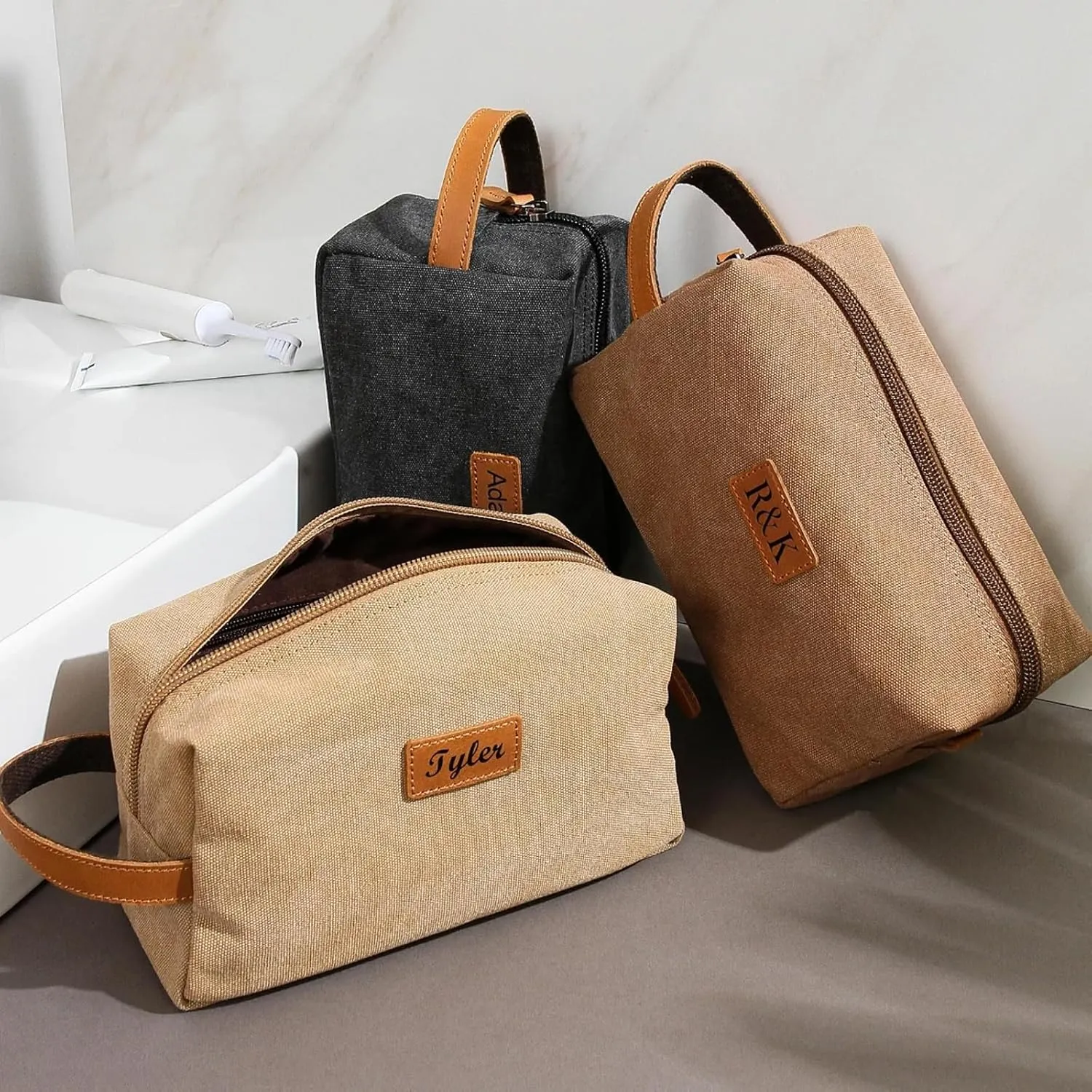 Personalized Mens Toiletry Bag, Snirov Gifts for Men Laser Engraved Name Canvas Handcrafted Travel Toiletry Bag for Husband Dad Boy Friend Fathers Day Gifts