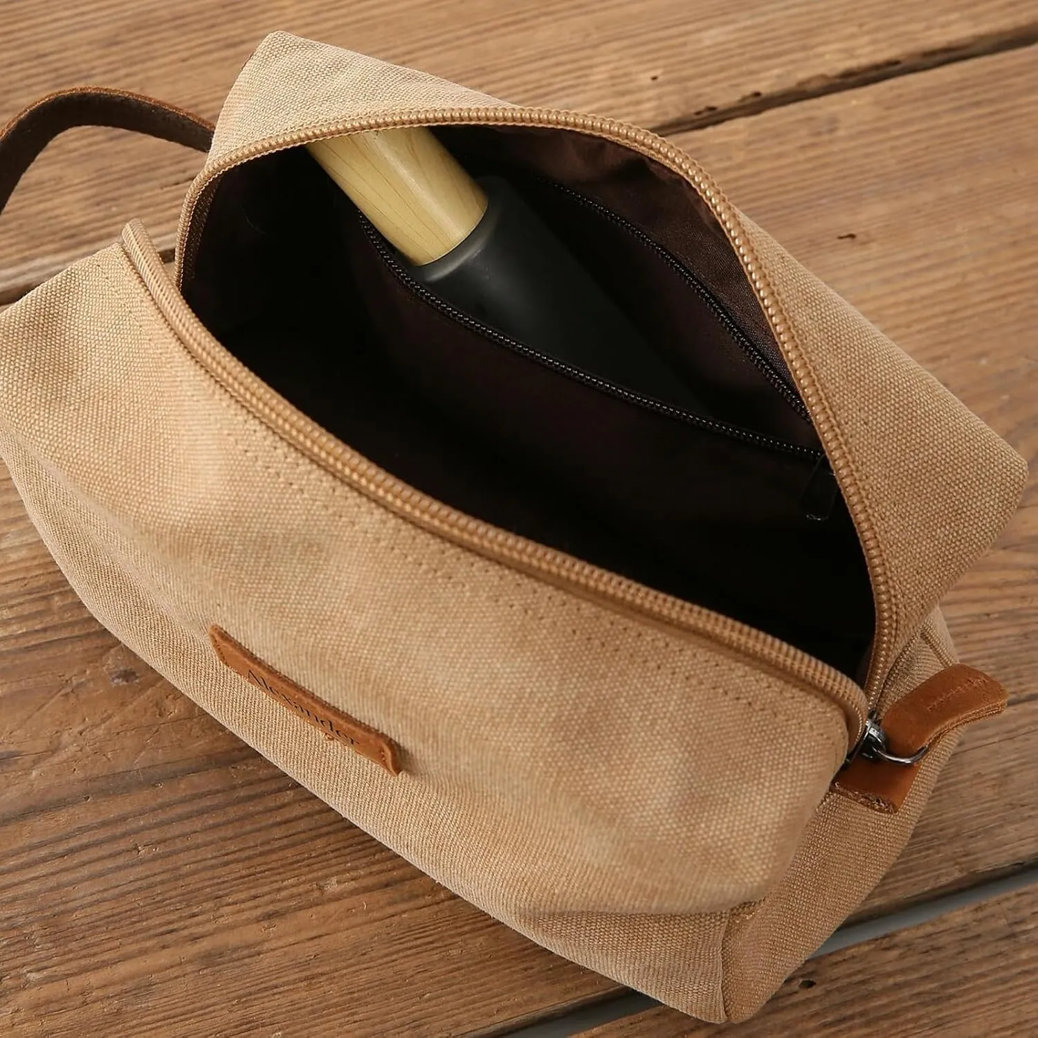 Personalized Mens Toiletry Bag, Snirov Gifts for Men Laser Engraved Name Canvas Handcrafted Travel Toiletry Bag for Husband Dad Boy Friend Fathers Day Gifts