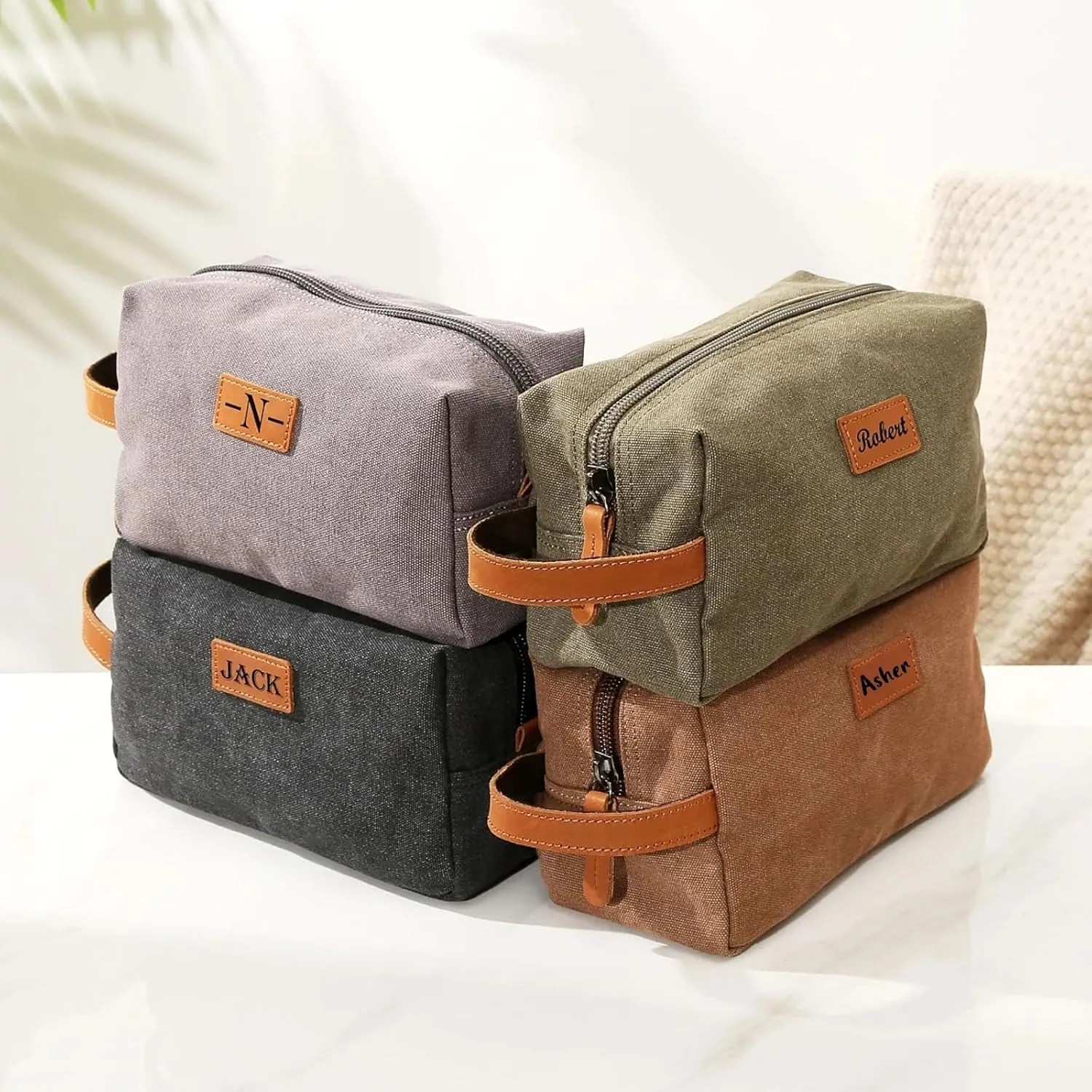 Personalized Mens Toiletry Bag, Snirov Gifts for Men Laser Engraved Name Canvas Handcrafted Travel Toiletry Bag for Husband Dad Boy Friend Fathers Day Gifts