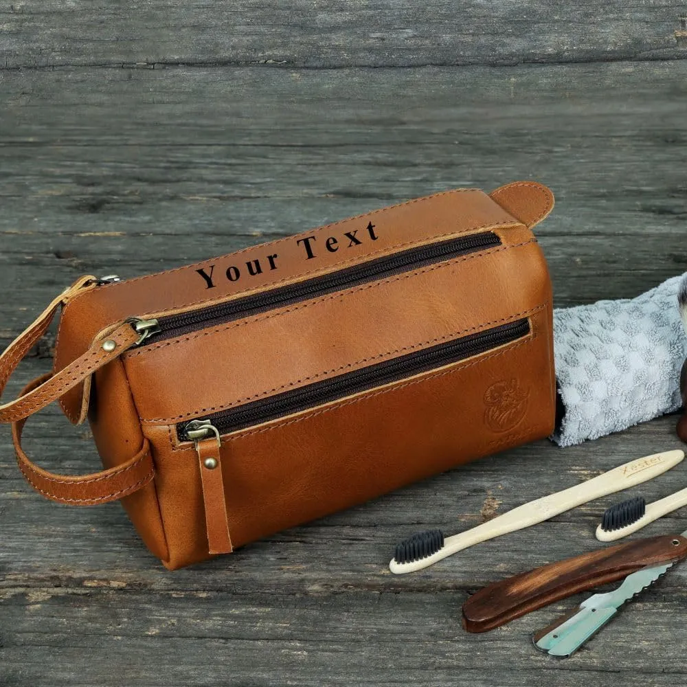 Personalized Toiletry Bag for Men, Engraved Leather Dopp Kit, Monogram Travel Shaving Bag, Stylish and Functional Travel Companion (Cinnamon Brown)