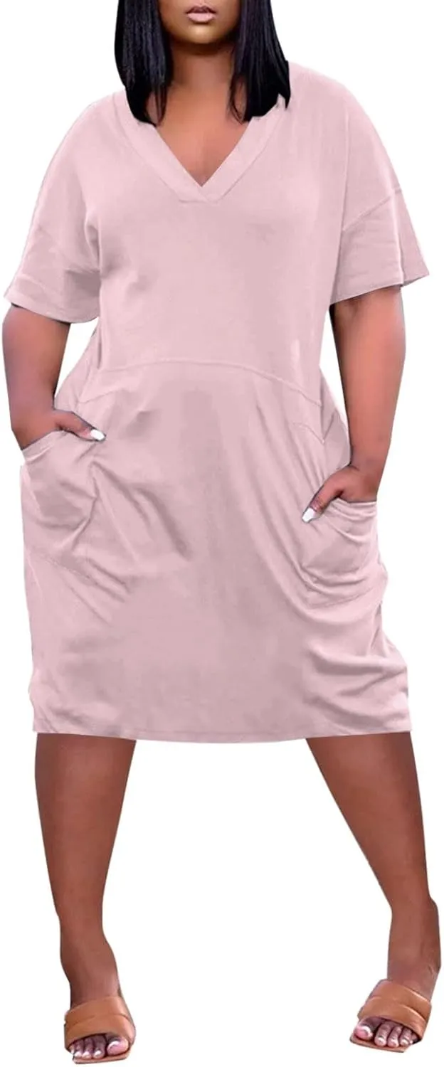Plus Size Dresses for Curvy Women Cute Summer V Neck Mid Length Tshirt Dress with Pockets Casual Beachy Resort Dresses