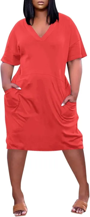 Plus Size Dresses for Curvy Women Cute Summer V Neck Mid Length Tshirt Dress with Pockets Casual Beachy Resort Dresses