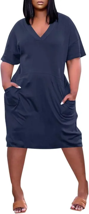 Plus Size Dresses for Curvy Women Cute Summer V Neck Mid Length Tshirt Dress with Pockets Casual Beachy Resort Dresses