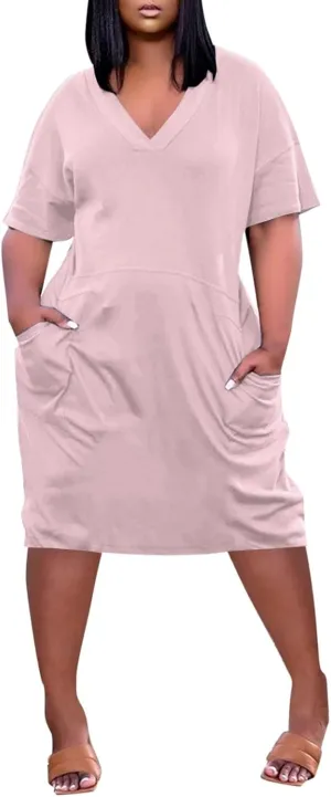 Plus Size Dresses for Curvy Women Cute Summer V Neck Mid Length Tshirt Dress with Pockets Casual Beachy Resort Dresses