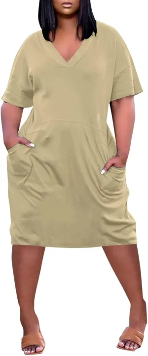 Plus Size Dresses for Curvy Women Cute Summer V Neck Mid Length Tshirt Dress with Pockets Casual Beachy Resort Dresses