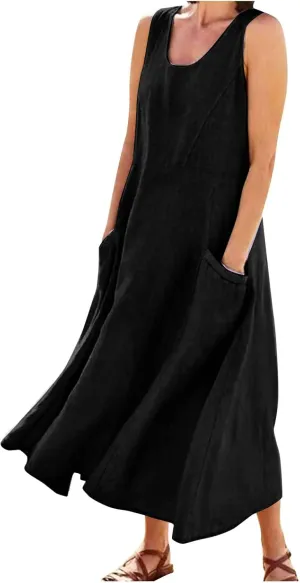 Plus Size Summer Dresses for Women 2025, Sleeveless Casual Cotten Linen Maxi Dress Hawaii Tropical Beach Tank Dress