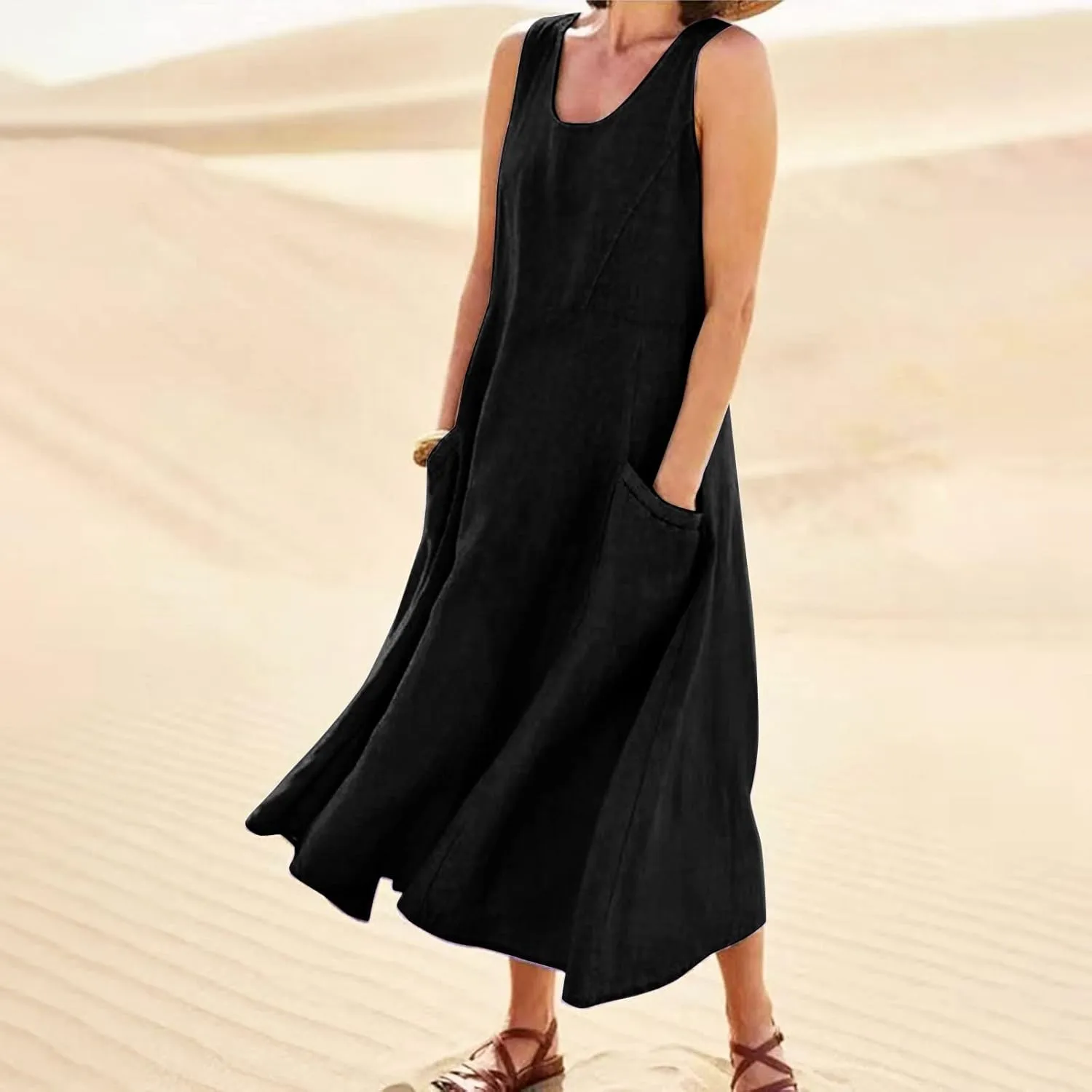 Plus Size Summer Dresses for Women 2025, Sleeveless Casual Cotten Linen Maxi Dress Hawaii Tropical Beach Tank Dress