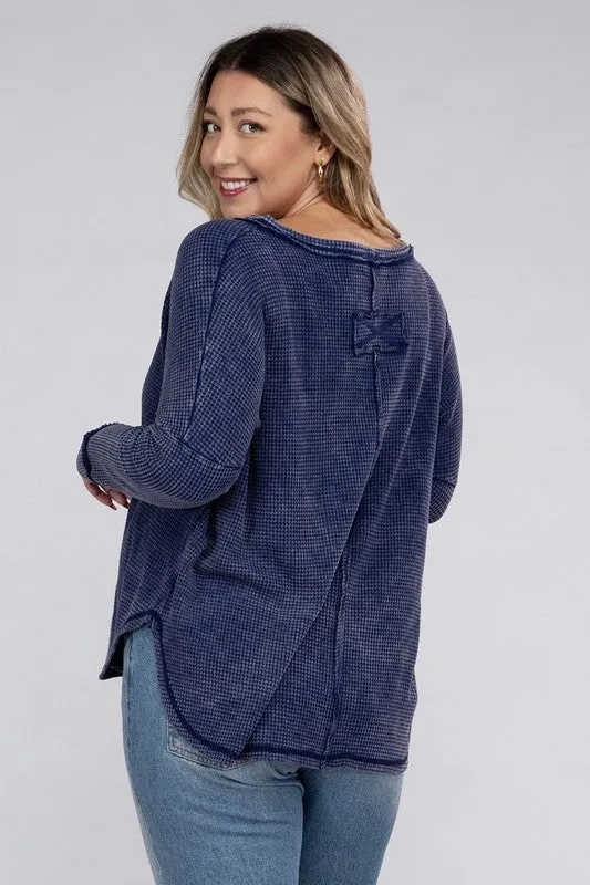 Plus Washed Baby Waffle Oversized Long Sleeve Top - Zenana