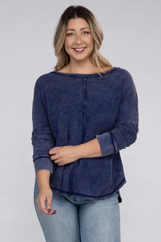 Plus Washed Baby Waffle Oversized Long Sleeve Top - Zenana