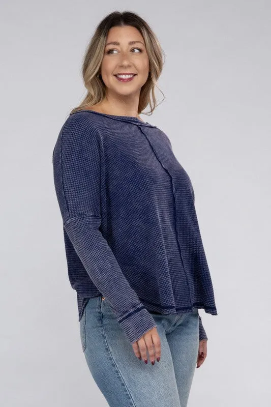 Plus Washed Baby Waffle Oversized Long Sleeve Top - Zenana