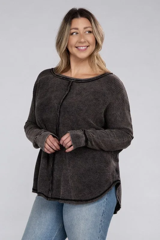 Plus Washed Baby Waffle Oversized Long Sleeve Top - Zenana