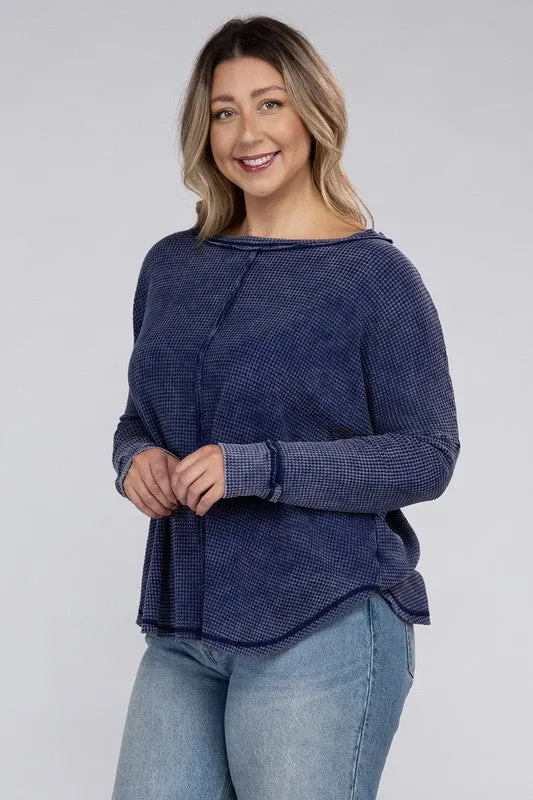 Plus Washed Baby Waffle Oversized Long Sleeve Top - Zenana