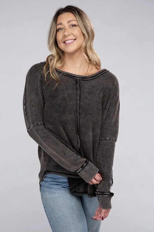 Plus Washed Baby Waffle Oversized Long Sleeve Top - Zenana