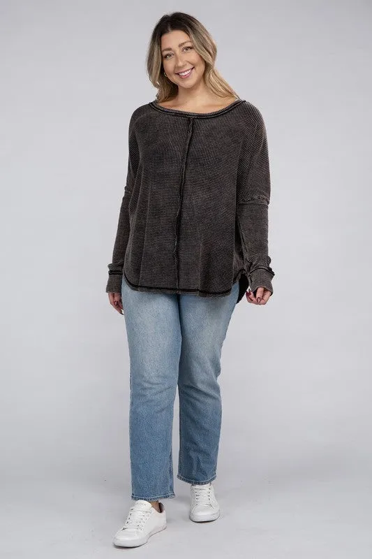 Plus Washed Baby Waffle Oversized Long Sleeve Top - Zenana