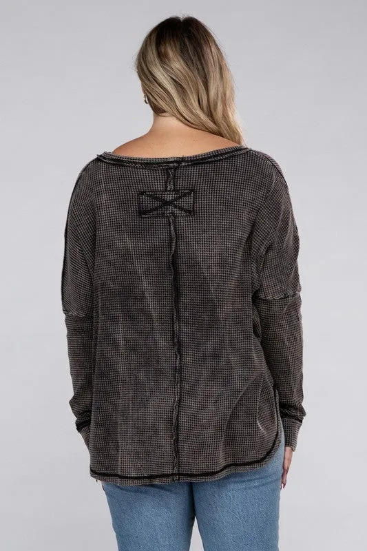 Plus Washed Baby Waffle Oversized Long Sleeve Top - Zenana