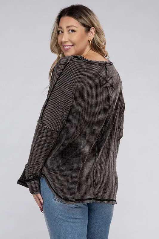 Plus Washed Baby Waffle Oversized Long Sleeve Top - Zenana