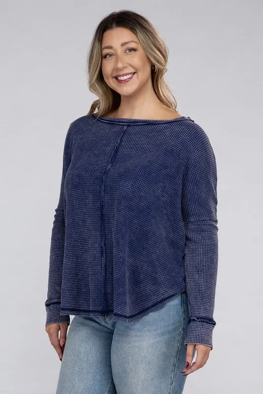 Plus Washed Baby Waffle Oversized Long Sleeve Top - Zenana