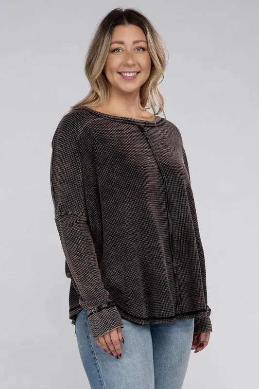 Plus Washed Baby Waffle Oversized Long Sleeve Top - Zenana