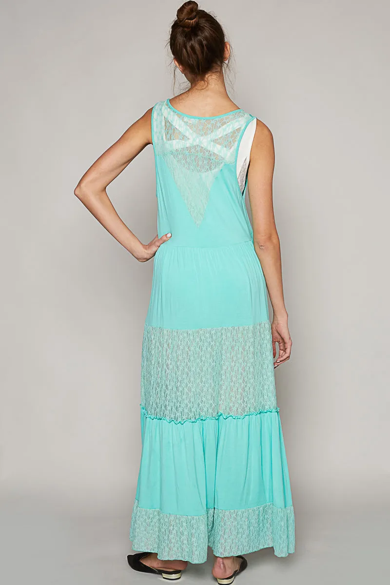 Pol Electric Blue Jersey And Lace Button Long Vest With Embroidered Details