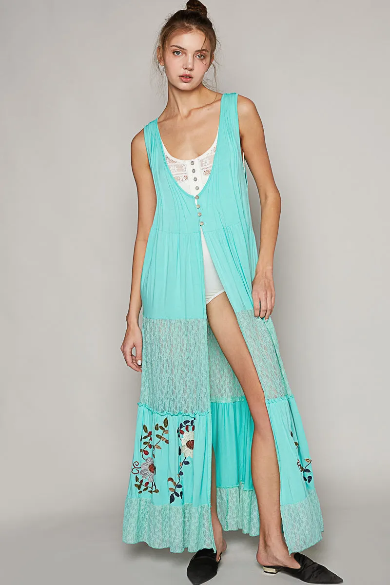 Pol Electric Blue Jersey And Lace Button Long Vest With Embroidered Details